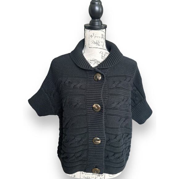 Talbots Black Button Chunky Cable Knit Short Dolman Sleeve Sweater XL Petite - Picture 1 of 6